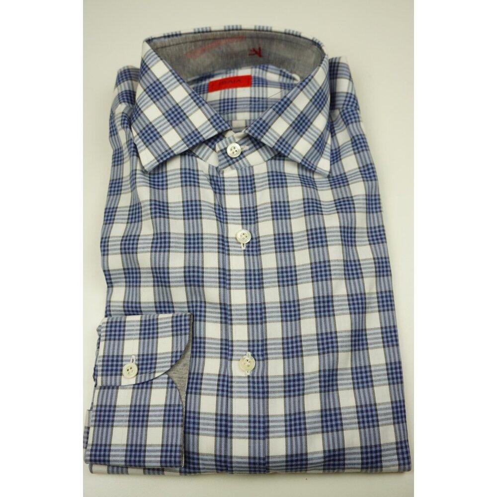 Isaia Blue Gradiant White Plaid Long Sleeve Cotton Dress Shirt 15.5/39 NEW